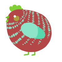 A red and mint chicken with a bar pattern