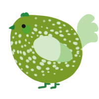 A chartreuse and gluppy chicken with a speckle pattern