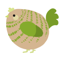 A beige and chartreuse chicken with a bar pattern