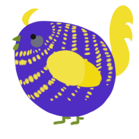 A indigo and yellow chicken with a bar pattern
