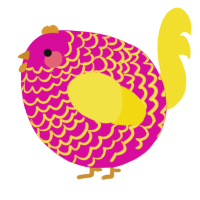 A fuchsia and yellow chicken with a lace pattern