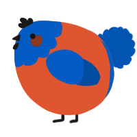 A vermilion and ultramarine chicken with a head pattern