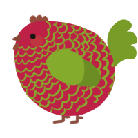 A crimson and chartreuse chicken with a lace pattern