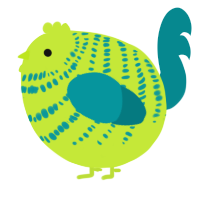 A lime and teal chicken with a bar pattern