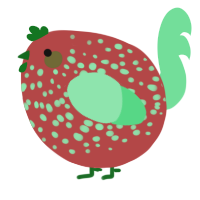 A red and spring chicken with a speckle pattern