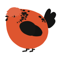A vermilion and black chicken with a neck-speckle pattern