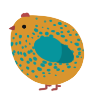 A orange and teal chicken with a speckle pattern