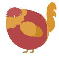 A red and orange chicken with a head pattern