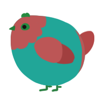 A turquoise and red chicken with a head pattern