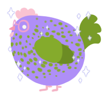 A lilac and chartreuse chicken with a speckle pattern