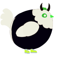 A white and black chicken with a head pattern