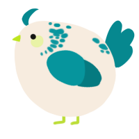 A cream and teal chicken with a neck-speckle pattern