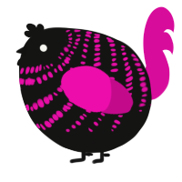 A black and fuchsia chicken with a bar pattern
