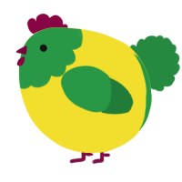 A yellow and viridian chicken with a head pattern