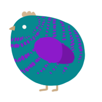 A teal and violet chicken with a bar pattern