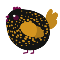 A black and ochre chicken with a speckle pattern
