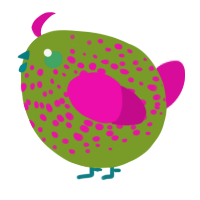 A chartreuse and fuchsia chicken with a speckle pattern