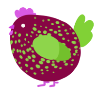 A maroon and grass chicken with a speckle pattern