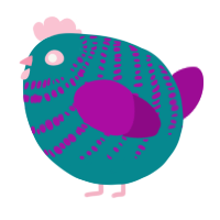A teal and plum chicken with a bar pattern