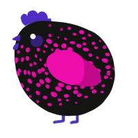 A black and fuchsia chicken with a speckle pattern