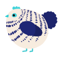 A cream and navy chicken with a bar pattern