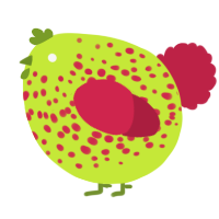 A lime and crimson chicken with a speckle pattern