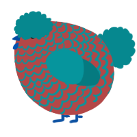 A red and teal chicken with a lace pattern