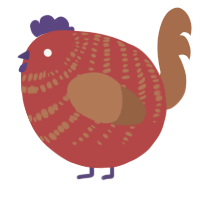 A red and brown chicken with a bar pattern