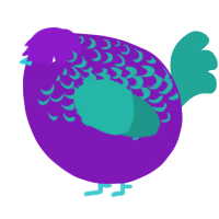 A violet and turquoise chicken with a half-lace pattern