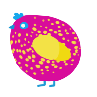 A fuchsia and yellow chicken with a speckle pattern