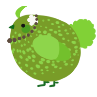 A chartreuse and grass chicken with a speckle pattern