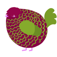 A maroon and chartreuse chicken with a lace pattern