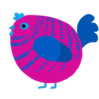 A fuchsia and ultramarine chicken with a bar pattern