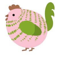 A rose and chartreuse chicken with a bar pattern