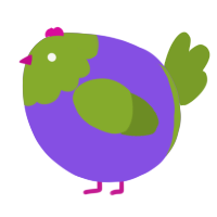 A blurple and chartreuse chicken with a head pattern