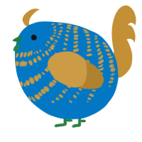A sapphire and gold chicken with a bar pattern