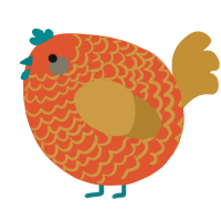 A vermilion and gold chicken with a lace pattern