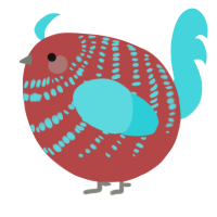 A red and aqua chicken with a bar pattern