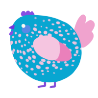 A cerulean and pink chicken with a speckle pattern