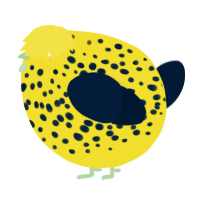 A yellow and tumblr chicken with a speckle pattern