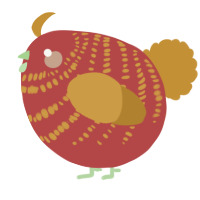 A red and gold chicken with a bar pattern