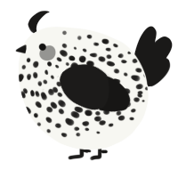 A white and sable chicken with a speckle pattern