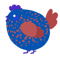 A ultramarine and red chicken with a speckle pattern