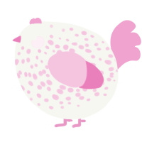 A white and pink chicken with a speckle pattern