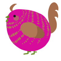 A fuchsia and brown chicken with a bar pattern