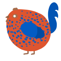 A vermilion and ultramarine chicken with a speckle pattern