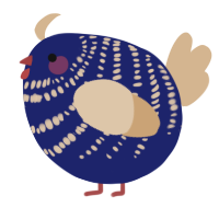 A navy and beige chicken with a bar pattern