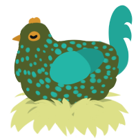 A olive and turquoise chicken with a speckle pattern