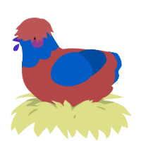 A red and ultramarine chicken with a head pattern