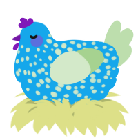 A sky and gluppy chicken with a speckle pattern